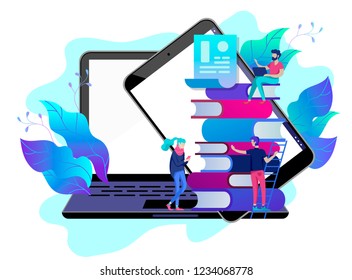 Concept Education people, Internet studying, online training, online book, tutorials, e-learning for social media, distance education, documents, cards, posters. Vector illustration online education