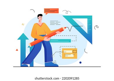 Concept Education with people scene in the flat cartoon style. Guy is studying technical sciences on his own in order to have a good education. Vector illustration.