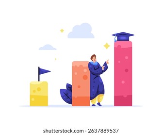 concept of education process and personal growth. improving skills and performance by learning. developing oneself by school. self improvement. illustration of increasing graph with a male graduate.