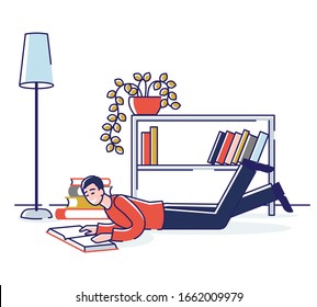 Concept Of Education, Read Books. Literature Fans or Lovers. Book Festival of Students. Male Character Is Reading Books On The Floor At Home. Cartoon Linear Outline Flat Style. Vector Illustration