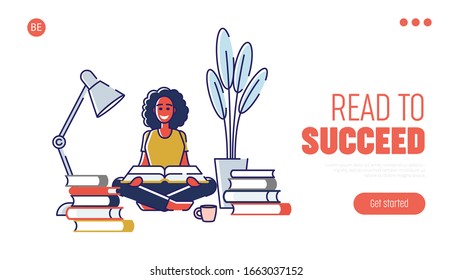 Concept Of Education, Read Books. Literature Fans or Lovers. Website Landing Page. Female Character is Studying, Reading Books At Home. Cartoon Linear Outline Flat Style. Vector Illustration