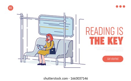 Concept Of Education, Read Books. Website Landing Page. Book Festival of Students. Happy Young Girl Is Reading Books At Public Transport. Cartoon Linear Outline Flat Vector Illustration