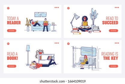 Concept Of Education, Reading Books. Website Landing Page. Literature Fans or Lovers. Girls and Boys Reading, Learning, Take Course. Cartoon Linear Outline Flat Vector Illustration