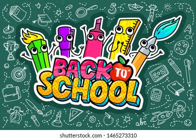 Concept of education. Sale concept. School background with hand drawn school supplies and comic speech bubble with Welcome Back to School Sale lettering in pop art style on green blackboard.