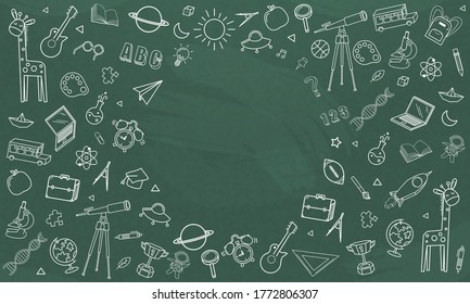 Concept of education School background chalkboard with different stuff. Welcome back to school design vector.