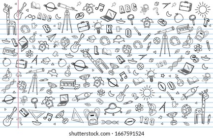 Concepto de educación Antecedentes escolares con cosas diferentes del papel de las notas y de vuelta al vector de diseño escolar.