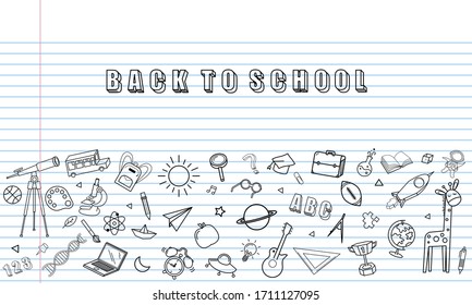 Concept of education School background with different stuff from notepad paper and back to school design vector.