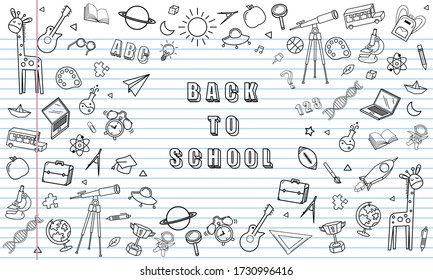 Concept of education School background with different stuff from notepad paper and back to school design vector.