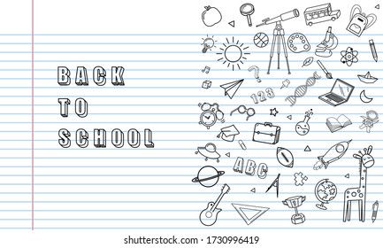 Concept of education School background with different stuff from notepad paper and back to school design vector.