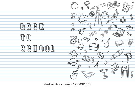 Concept of education School background with different stuff from notepad paper and back to school design vector.