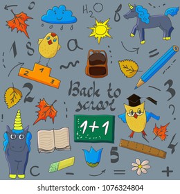 Concept of education. School background with hand drawn school supplies and comic speech bubble with Back to School lettering in pop art style on blackboard.