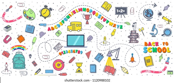 Concept of education. School background with hand drawn school supplies. Alphabet and numbers. Back to School lettering colored letters.