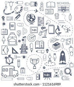 Concept of education. School background with hand drawn school supplies numbers. Monochrome pattern.