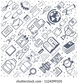 Concept of education. School background with hand drawn school supplies numbers. Monochrome pattern.