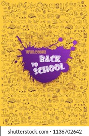 Concept of education. School background with hand drawn school supplies and comic speech bubble with Back to School lettering on blackboard