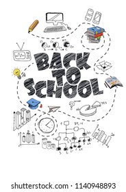 Concept of education. School background with hand drawn school supplies and comic speech bubble with Back to School lettering on blackboard