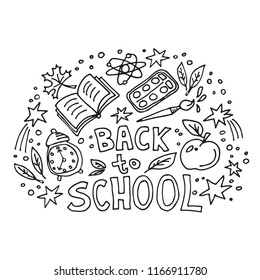 Concept of education. School background with hand drawn school symbols with Back to School lettering.