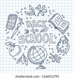 Concept of education. School background with hand drawn school symbols with Back to School lettering.