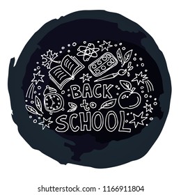 Concept of education. School background with hand drawn school symbols with Back to School lettering.