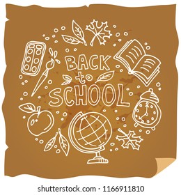 Concept of education. School background with hand drawn school symbols with Back to School lettering.