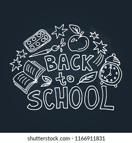 Concept of education. School background with hand drawn school symbols with Back to School lettering.