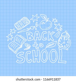 Concept of education. School background with hand drawn school symbols with Back to School lettering.