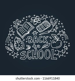 Concept of education. School background with hand drawn school symbols with Back to School lettering.