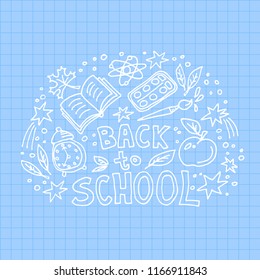 Concept of education. School background with hand drawn school symbols with Back to School lettering.