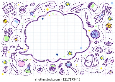 Concept of education. School background with hand drawn school supplies and comic speech bubble on white.