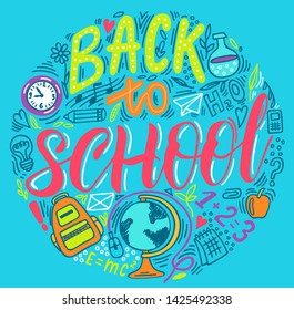 Concept of education. School background with hand drawn school supplies with Back to School lettering sketch style on blue background.