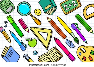 Concept of education. School background with hand drawn school supplies on white. Vector illustration