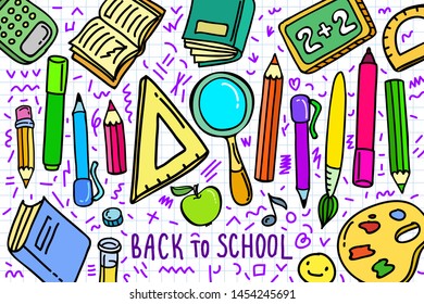 Concept of education. School background with hand drawn school supplies on white and lettering Back to School. Vector illustration
