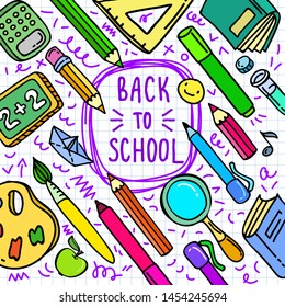 Concept of education. School background with hand drawn school supplies on white and lettering Back to School. Vector illustration