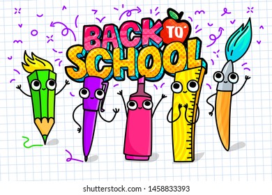 Concept of education. School background with hand drawn cartoon school supplies and comic speech bubble with Back to School lettering in pop art style on white.