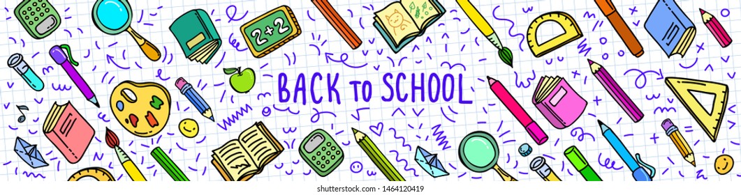 Concept of education. School background with hand drawn school supplies on white and lettering Back to School. Vector illustration