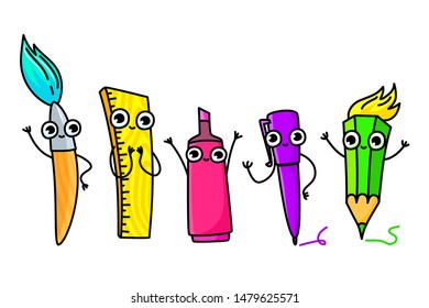 Concept of education. School background with hand drawn cartoon school supplies on white.
