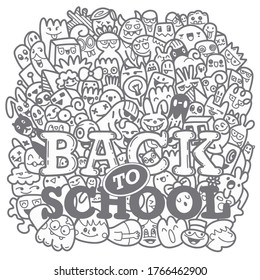 Concepto de educación. Antecedentes escolares con suministros escolares hechos a mano y burbuja de habla cómica con letras de Back to School al estilo de arte pop