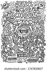 Concept of education. School background with hand drawn school supplies and comic speech bubble with  Back to School lettering in pop art style,Paper Background