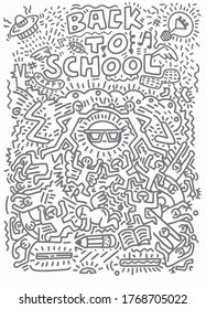 Concept of education. School background with hand drawn school supplies and comic speech bubble with  Back to School lettering in pop art style