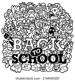 Concept of education. School background with hand drawn school supplies and comic speech bubble with  Back to School lettering in pop art style , illustration for coloring book