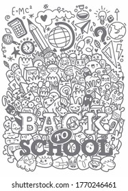 Konzept der Bildung. Schulhintergrund mit handgezeichneten Schulmaterial und Comic-Sprechblase mit Back to School-Schrift im Stile der Pop-Art