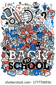 Concept of education. School background with hand drawn school supplies and comic speech bubble with  Back to School lettering in pop art style