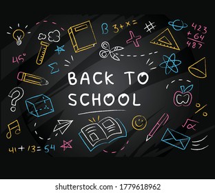 Concept of education. School background with hand drawn school supplies and comic speech bubble with Back to School lettering in pop art style on blackboard.
