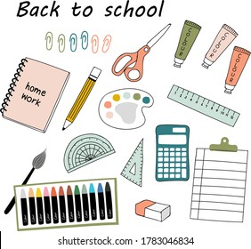 Concept of education. School background with hand drawn school supplies and comic speech bubble with Welcome Back to School lettering in pop art style on white.