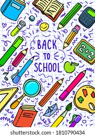 Concepto de educación. Antecedentes escolares con materiales escolares hechos a mano en blanco y con la inscripción Volver a la escuela. Ilustración del vector