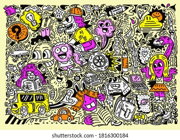 Concept of education. School background with hand drawn school supplies , funny doodle style