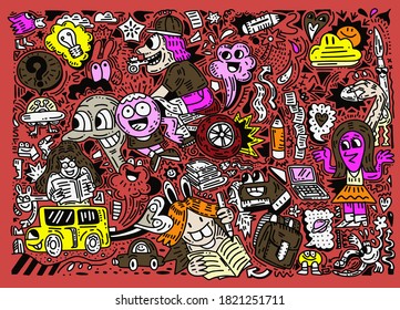 Concept of education. School background with hand drawn school supplies , funny doodle style