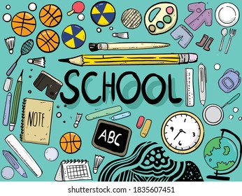 Concept of education. School background with hand drawn school supplies and comic speech bubble with Back to School lettering in pop art style 