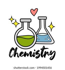 Concepto de educación. Antecedentes escolares con material escolar dibujado a mano y discurso cómico con letras de química de Hello School en estilo de dibujos animados en blanco.