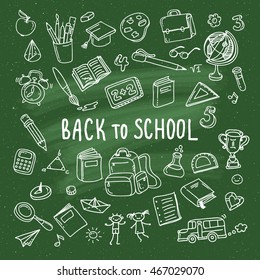 Concept of education. School background with hand drawn school supplies on green blackboard. Back to school.